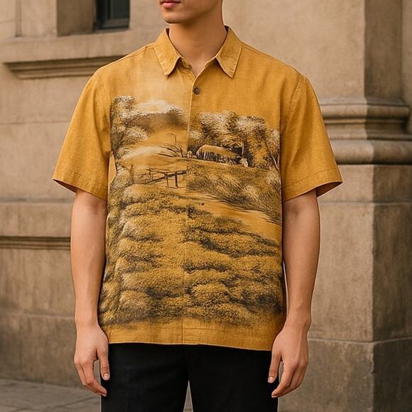 Lucky Brand Linen Button Up Shirt Mens L Yellow Island Vibe Short Sleeve Hut - Picture 1 of 11